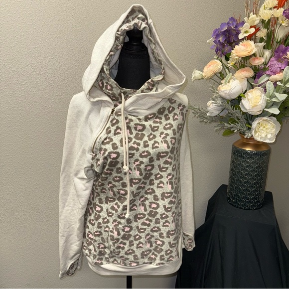 Vanilla Bay Tops - Vanilla Bay Leopard Print Hooded Sweatshirt Cowl Neck Zip Accent M